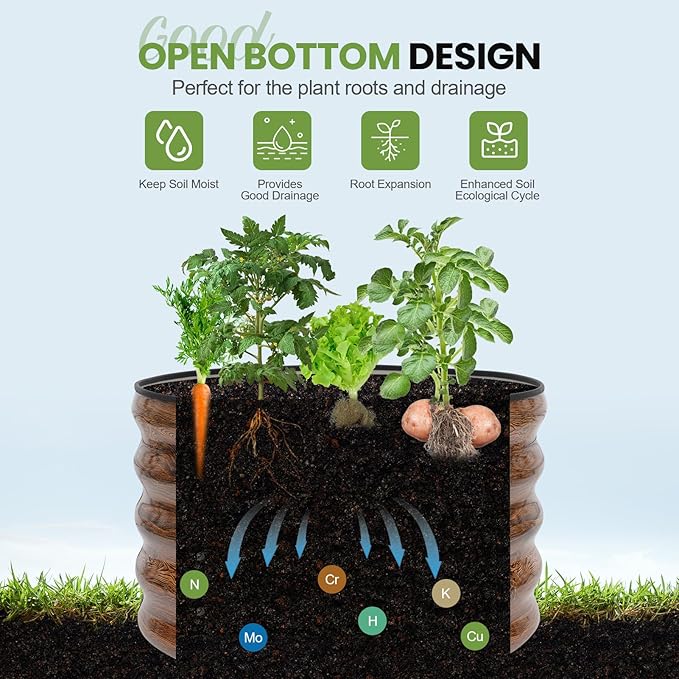 G GOOD GAIN Round Raised Garden Bed - 2Pcs 2x2x1.3ft Galvanized Steel Planter Boxes Outdoor with Rubber Edge Trim | Metal Raised Beds for Gardening Vegetables Flowers Fruits Herbs (Wood Grain)