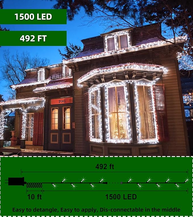 1500 LED 492FT Christmas Lights Outdoors, Green Wire LED String Lights with Timer Memory, Christmas Tree Lights for Indoor Outdoor Christmas Decorations Party Xmas Wedding Garden Patio Cool White