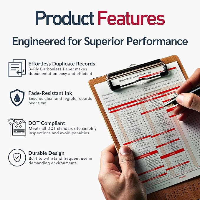 50 Pack 3-Ply Carbonless Annual Vehicle Inspection Report Forms with FMCSA 2-Ply Mylar Laminate Adhesive Vinyl Labels, DOT Inspection Forms and Stickers, Shrink-Wrapped, 8.5" x 11.75" - Made in USA