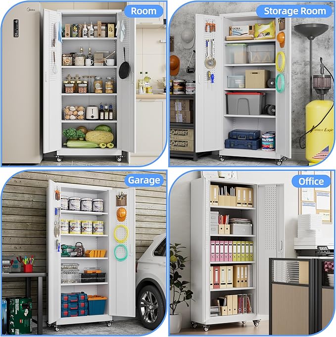 73" H Metal Storage Cabinet with Wheels, Pegboard and 4 Hooks, Garage Storage Cabinet with 4 Adjustable Shelves and 2 Lockable Doors for Garage Home Office, Basement, Assembly Required, White