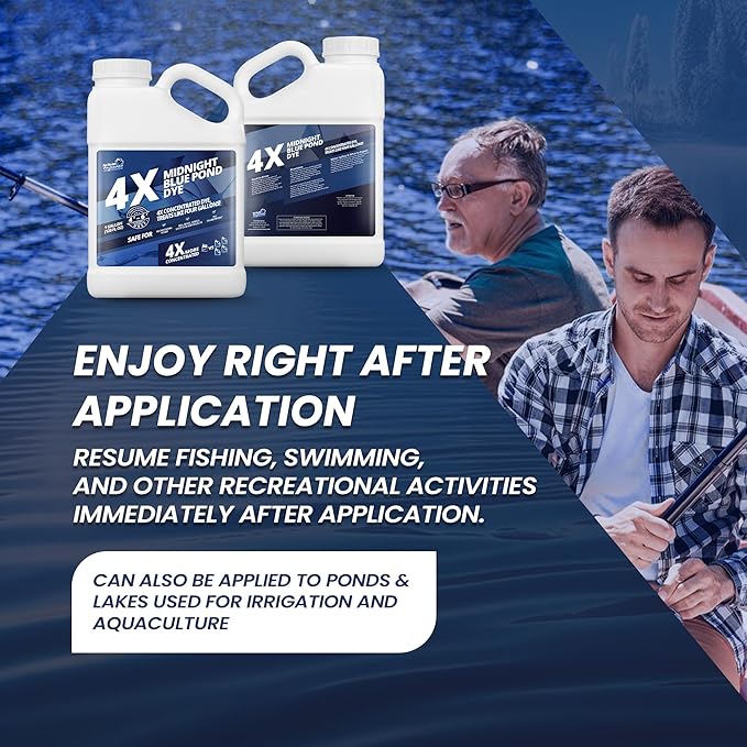 1 Gallon Midnight Blue Pond Dye, 4X Concentrate Pond Dye Blue, Dark Natural Looking Aquashade for Beautiful Lake Water, Long-Lasting Colorant, Protects Against Sunlight - Ideal for Fish & Wildlife