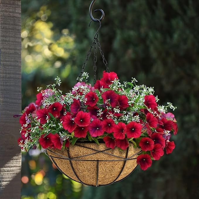 Hanging Planters for Outdoor Plants: 4 Pack 16" Hanging Baskets Flower Pots with Coco Liners & Plastic Saucer Extra Large Deep Hanging Plant Holder for Porch Balcony Garden Décor