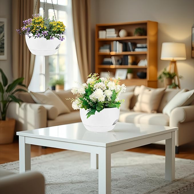 2 Pack 12 Inch Large Hanging Planters with Chains Self Watering White Plastic Hanging Pots for Indoor Outdoor Plants, Garden Porch Home Decor，White