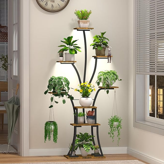 64" Tall 8 Tiered Plant Stand Indoor with Grow lights Large Tree Shape Decorative Rack Plant Pot Holder Gardening for Living Room Corner Black