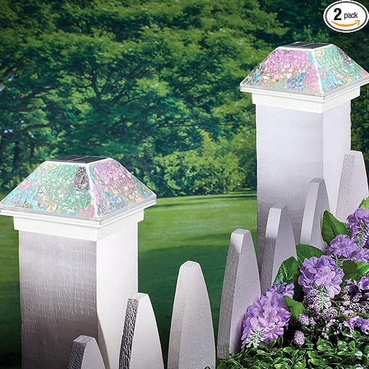 2PK Mosaic Solar Post Cap Lights Outdoor for 4x4, 3.5x3.5 Post Crackled Glass Deck Fence Lamp Weatherproof LED Light Decor in Garden, Yard, Outdoor Table, Balcony, Landscape- Iridescent