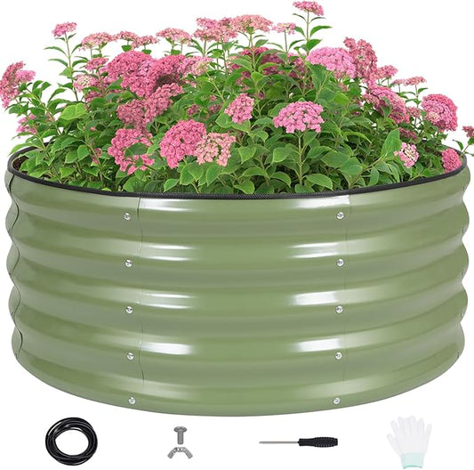 G GOOD GAIN Round Raised Garden Bed - 1Pcs 3x3x1.4ft Galvanized Steel Planter Boxes Outdoor with Rubber Edge Trim | Metal Raised Beds for Gardening Vegetables Flowers Fruits Herbs (Olive Green)