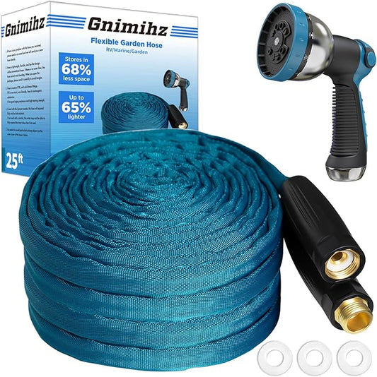 Garden Hose 25ft, Made of TPE(Not PVC), Ultra-Light & Flexible Water Hose with Solid Brass Fittings, Non-Shrinking, Easy to Storage, Drinking Water Safe Material, All-weather, SeaBlue