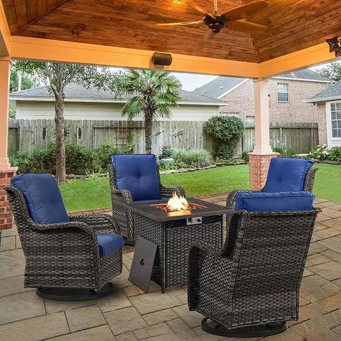 5 Pieces Patio Wicker Furniture Set - 4 Outdoor Swivel Rocker Glider Chairs with Propane Fire Pit Table, Patio Conversation Set Blue Cushion Perfect for Casual Gathering
