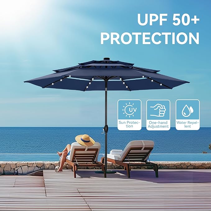 GREEN PARTY 10ft Outdoor Patio Umbrella, Auto-Tilt Market Table Umbrellas with Crank, 8 Sturdy Ribs & 1.5" Pole UV Protection for Garden Deck Backyard Pool