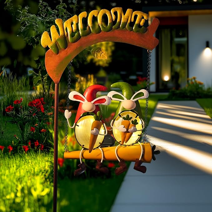 HONGLAND Solar Lights Outdoor Decor, Rabbit Swing Garden Decor, Funny Gardening Gifts for Women Mom, Gnomes Outdoor Decorations with Welcome Sign for Front Porch Patio