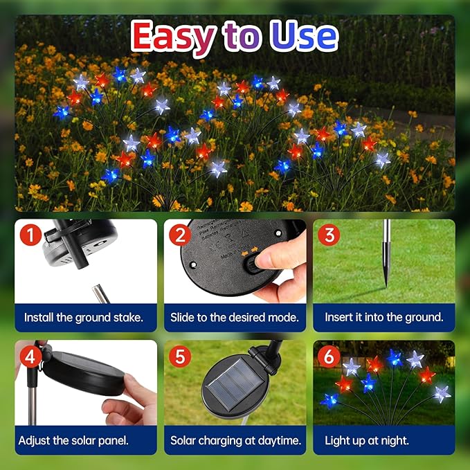 4th of July Decorations Solar Garden Lights, Fourth of July Red White and Blue Star Solar Lights Outdoor, Waterproof Patriotic Decor with 9 LED 2 Lighting Modes for Independence Day, 4 Pack
