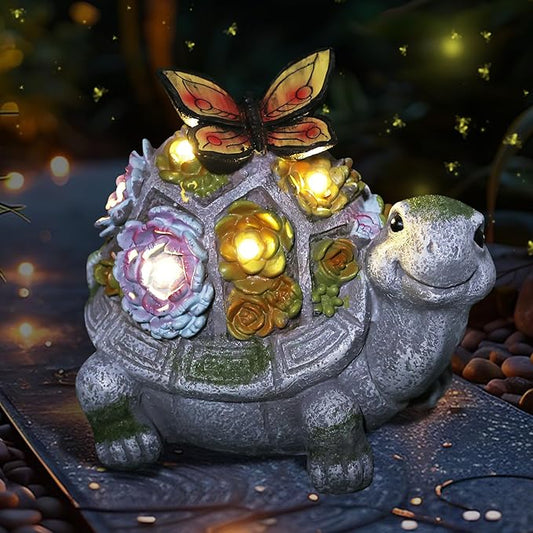 Garden Turtle Statue, Solar Outdoor Decor Tortoise with Succulent, Waterproof Animal Ornaments for Patio Clearance Balcony Court, Great Easter Gift Birthday for Mom Women