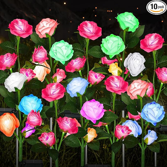 Geelin 10 Pcs Solar Rose Lights Outdoor Waterproof Solar Flower Lights with 40 Rose Flowers 7 Color Changed Decorative Solar Landscape Light for Weeding Garden Yard Patio Pathway Walkway