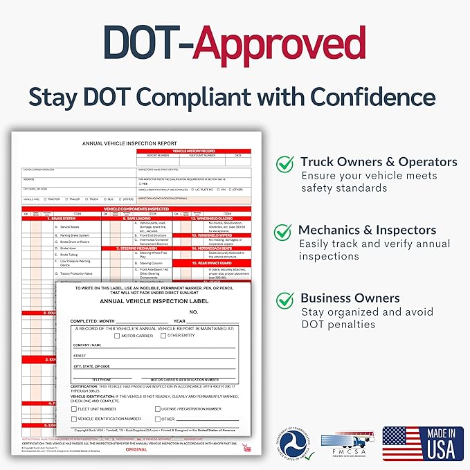 100 Pack Buck Annual Vehicle Inspection Label, 2-Ply Adhesive Vinyl with Mylar Laminate, FMCSA & DOT Compliant, Weatherproof, Tear Resistant, Easy to Write On, 5" x 4" - Made in USA