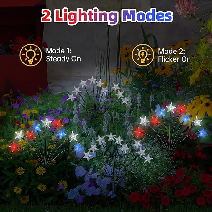 4th of July Decorations Solar Garden Lights, Fourth of July Red White and Blue Light Solar Lights Outdoor, Waterproof Patriotic Decor with 9 LED 2 Lighting Modes for Independence Day, 2 Pack