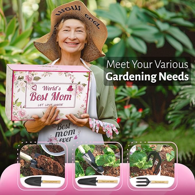 Gifts for Mom,7 Piece Womens Gardening Kit with Pink Gardening Tools,Straw Hat, Floral Gardening Apron and Gloves,Mothers Day Gardening Gifts for Mom Pink