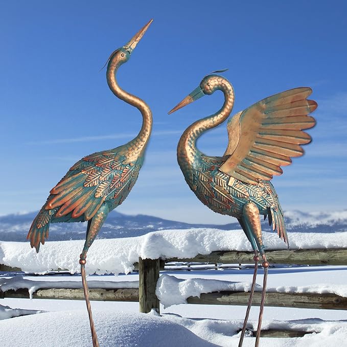 33-37 Inch Metal Crane Garden Statue Décor, Bird Heron Garden Sculpture & Statues, Outdoor Decoration for Yard Pond Lawn Backyard Pool, Vintage Spread Wings Crane, Set of 2 Copper…