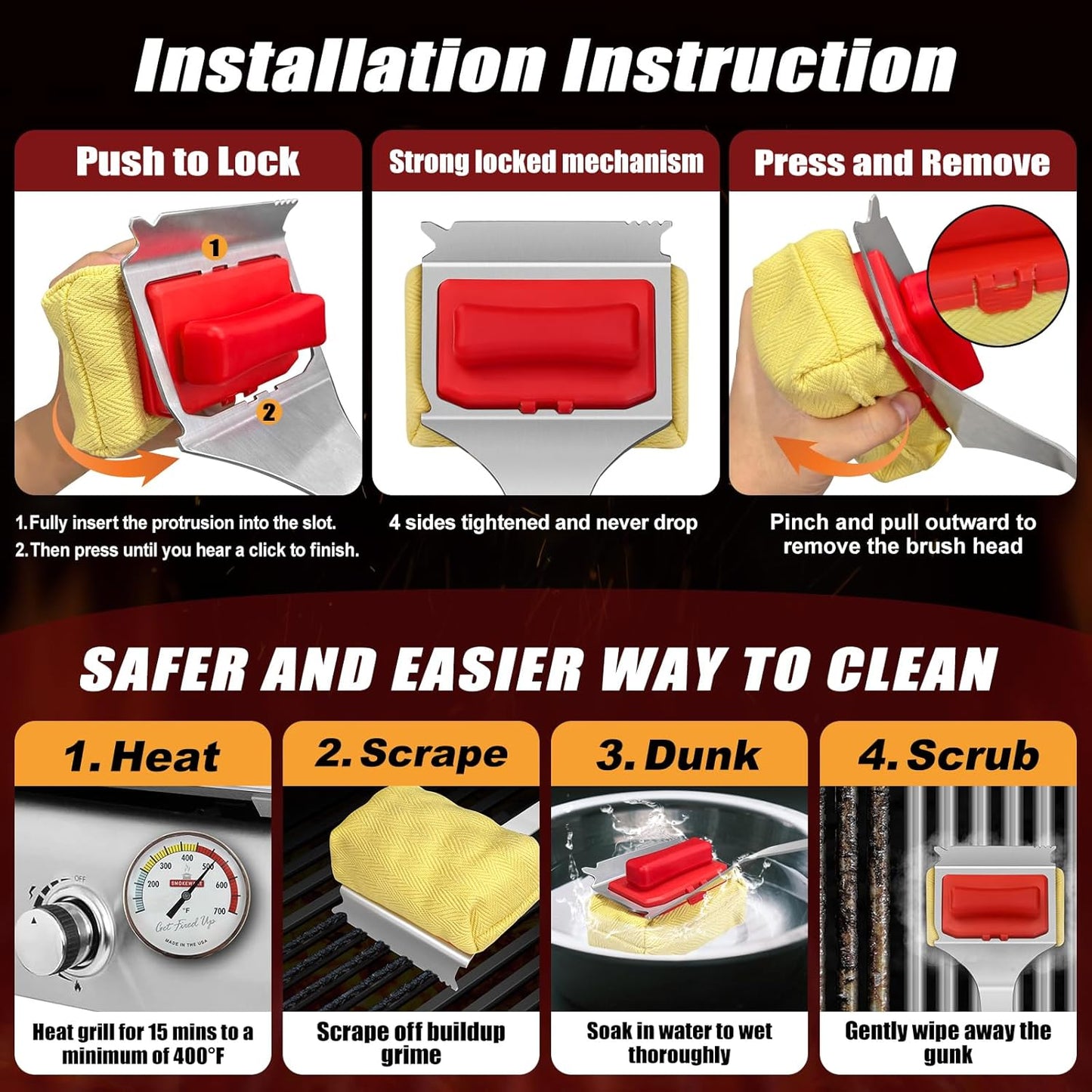 Grill Brush Bristle Free - Cleaning with Steam Technology, Replaceable Brush Heads & Scraper Tool for Stainless-Steel Grates Grill Brush with Stainless Steel Spatula and Two Cleaning Brush Heads