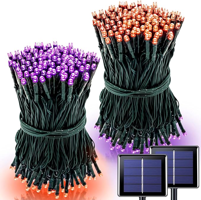 2 Pack Orange and Purple Halloween Lights, Total 151ft 400 LED Halloween Solar Lights Outdoor,8 Modes Solar String Lights Outdoor Waterproof