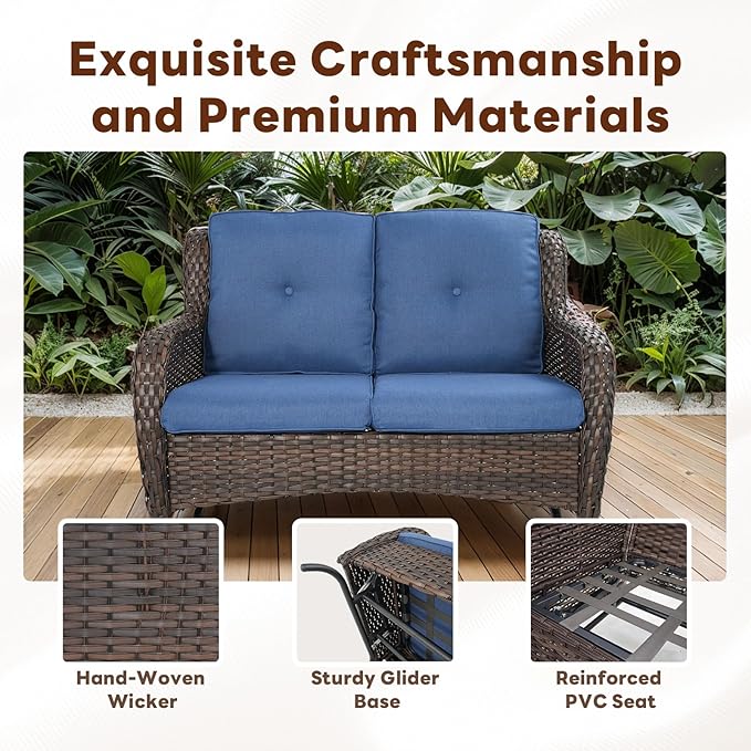 4 Piece Patio Furniture Set - Outdoor Glider Bench with Swivel Rocker Chairs and Coffee Table, High Back Small Outdoor Conversation Furniture Sets for Deck Sunroom Balcony Backyard