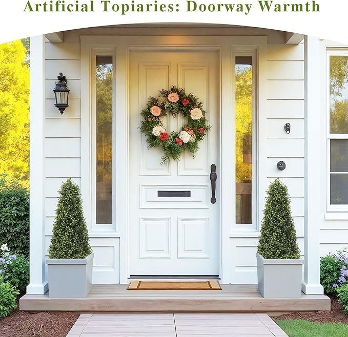 3ft Artificial Boxwood Topiary Trees (Set of 2) - UV Resistant Faux Plants Outdoor, Realistic 36in Fake Cone Bushes and Shrubs for Front Porch, Planter, Patio - Low Maintenance & Evergreen