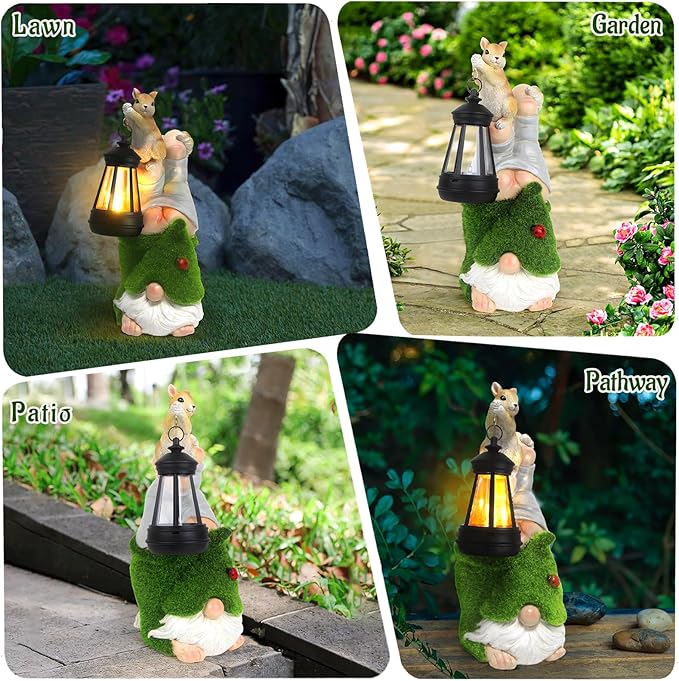 Garden Gnome with Squirrel Outdoor Statue,Flocked Gnome Statue Holding Lantern with Solar Lights,Outdoor Gnomes Decorations for Yard Patio Lawn Porch,Gifts for Mom