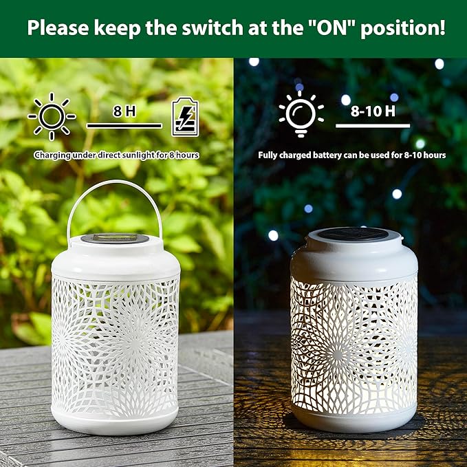 Glitzhome Solar Lantern White Metal Cutout Scrollwork Outdoor Hanging Solar Light with Handle for Garden Patio Yard Outdoor Decor