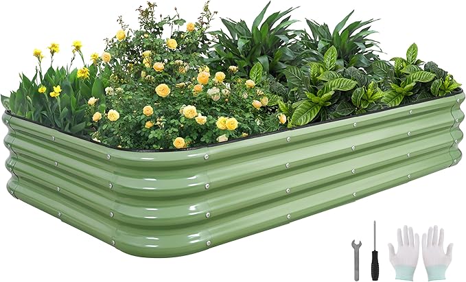 4-in-1 Modular Raised Garden Bed Kit - Adjustable Sizes (5x3x1ft, 4x4x1ft, 6x2x1ft, 7x1x1ft) - Heavy Duty Galvanized Steel Planter Box with Bracing Rods & Gloves for Vegetables, Fruits