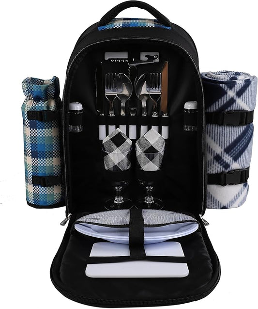apollo walker Picnic Backpack Bag for 2 Person with Cooler Compartment, Detachable Bottle/Wine Holder, Fleece Blanket, Plates and Cutlery Set