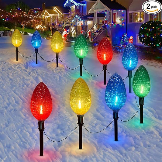 2 Pack Jumbo C9 Christmas Pathway String Lights Outdoor, Total 14 Feet Christmas Walkway Lights Waterproof with 8 LED C9 Jumbo Multicolor Bulbs UL Listed for Holiday Outside Yard Garden Lawn Decor