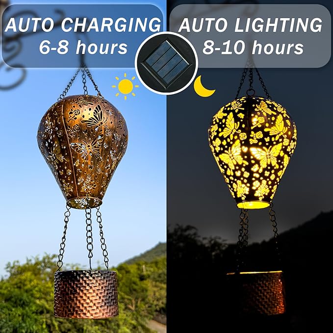 4-Pack Butterfly Decor Hot Air Balloon Solar Lantern – Outdoor Decorative Hanging Light for Garden Yard Patio Porch Lawn and Pathway – Unique Housewarming, Birthday Gift for Women Mom Grandma