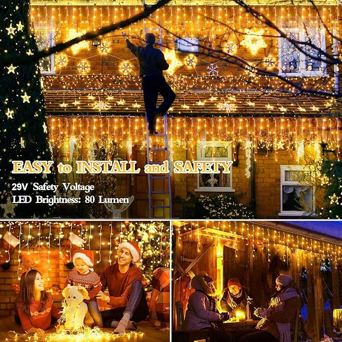 1600 LED 164FT Outdoor Christmas Lights Plug in 8 Modes with Timer Dimmable Christmas Decorations Waterproof Indoor Curtain String Lights for Roof Porch Garden Holiday Wedding Party Decor Warm White