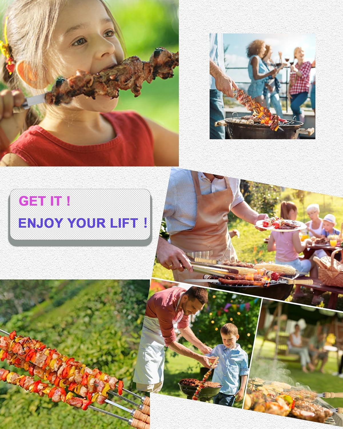 23.5" Long 304 Stainless Steel Skewers for Kabobs with Wood Handle,Heavy Duty Wide Flat Metal Kebab Skewer,Kabob Skewers for Grilling,BBQ Barbecue Skewer Reusable for Outdoor Grill（6 PCS）