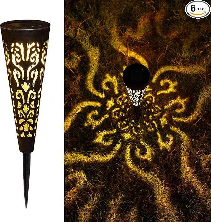 Go2garden 6Pcs Solar Lights Outdoor Garden Decor Gifts for Women Mom,Yard Decorations, Conical Garden Stakes for Patio, Lawn, Pathway, Landscape Lights Mothers' Day Birthday Gifts for Men(Black)