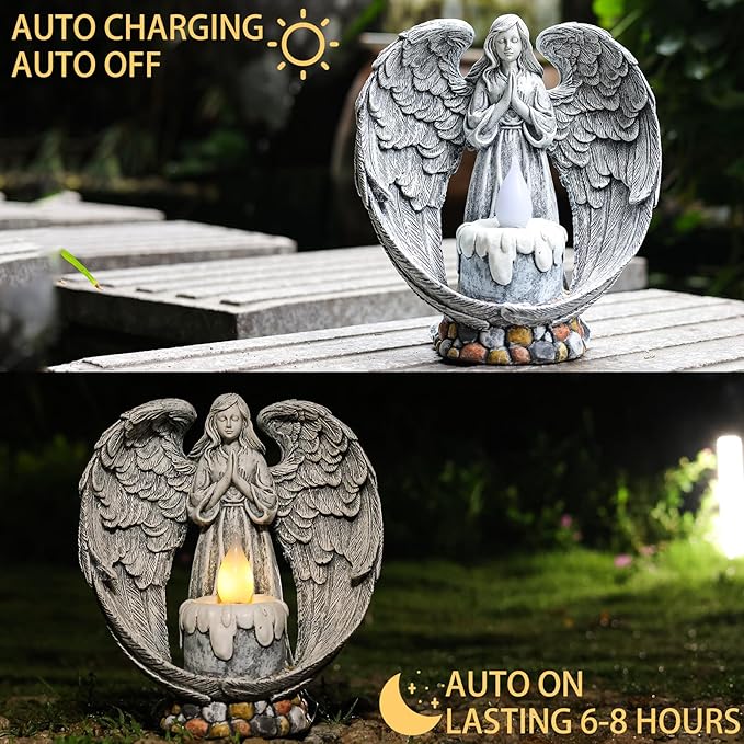 Angel Garden Statues Outdoor Cemetery Decorations for Grave Take The Cross Praying Wings Angel Figurine Cemetery Lights Patio Lawn Yard Porch Decorations 10.24 Inch