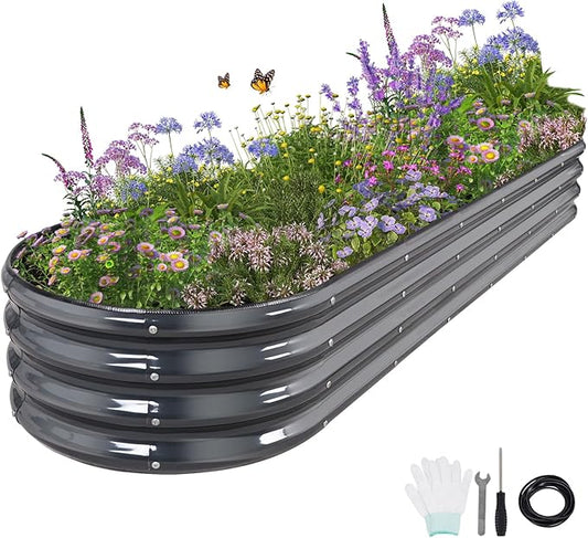 Galvanized Raised Garden Bed Outdoor- Raised Beds for Gardening| Metal Planter Box, Steel Raised Garden Bed Kit with Safety Edging and Gloves for Vegetables, Flower, Herbs (8x2x1FT, Gray)