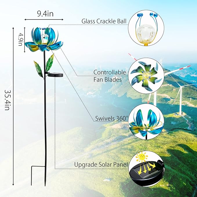 Huaxu Solar Outdoor Lights 35.4In Garden Decor Flower Wind Spinners,Waterproof LED Crackle Glass Globe Blue Lotus Art Metal Stake for Lawn Patio Pathway Yard Porch Driveway Decorations Gift