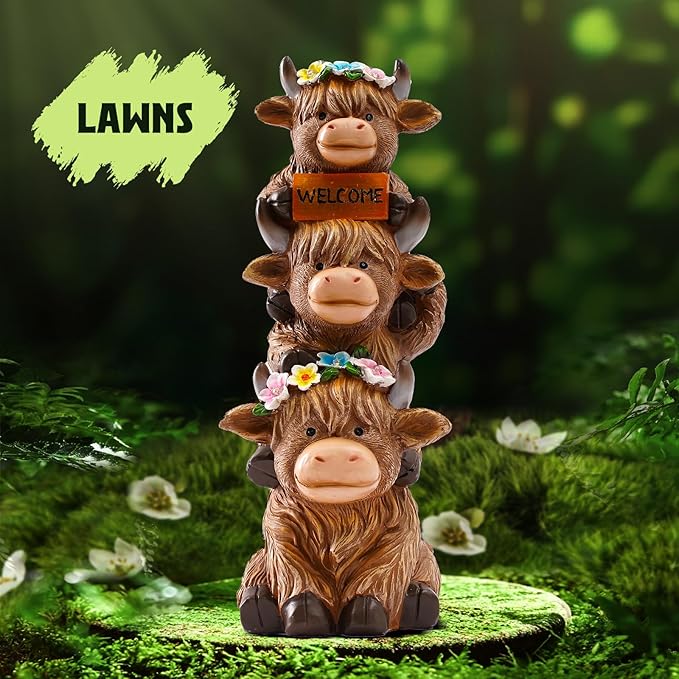 Garden Highland Cow Statue Solar Outdoor Decor with Flower Decoration Funny Triple Highland Cow Decor Birthday Gifts for Women Mom Highland Cows Figurine for Yard Garden Patio Lawn Ornaments