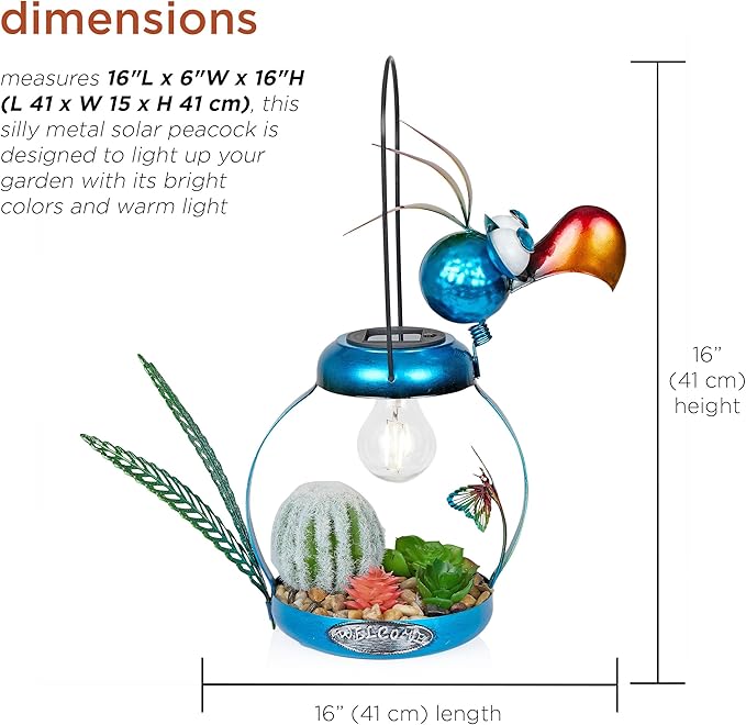 Alpine Corporation LYT290SLR-HH Solar-Powered Metal Flamingo with Garden Enclosed LED Light, Solar Patio Decor, 16''H, Blue