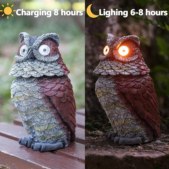 Garden Owl Statue - Resin Owl Figurines with Solar Powered Light Eyes and Spring Head Outdoor Owl Decorations for Patio Yard Porch Lawn, Ornament Gift