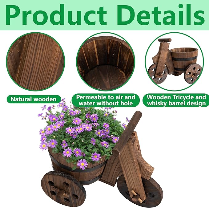 Adnee 2 Pcs Wooden Barrel Tricycle Planter-Rustic Cart Garden Planter Pot-Decorative Raised Barrel Wagon Planter for Indoor Decor Outdoor Patio Lawn Garden Backyard