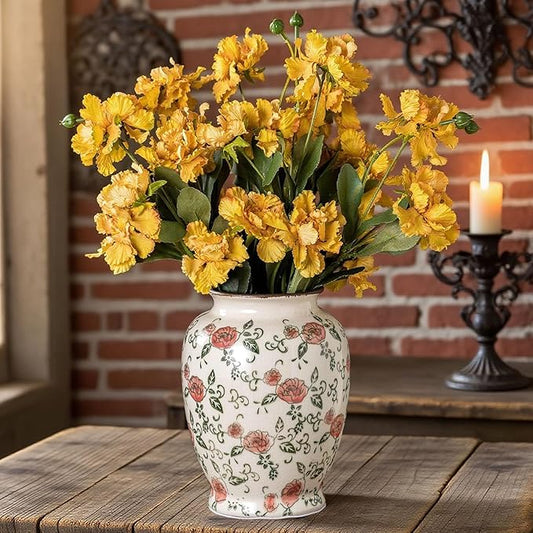 Green and Beige Vintage Round Vase, Red Rose Chinoiserie Floral Vase, Antique Decorative Ceramic Flower Vases for Bouquet, Home Decor, Living Room, Bookshelf, Office, Cottage Core Home Decor 8 Inch