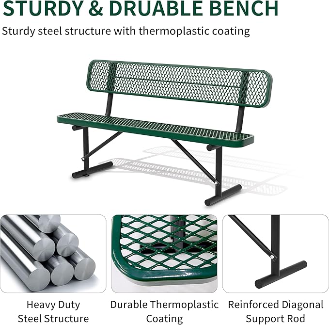 4/6/8 Feet Park Bench for Outside Heavy Duty Metal, Garden Benches Outdoor Bench with Backrest & Portable Frame, for Shopping Malls Stores Parks Patios Decks, Green