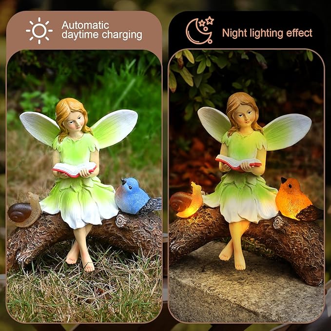 Garden Flower Fairy Statue Decor-Solar Outdoor Fairy Statues-Garden Fairy Outdoor Snail,Bird Figurines Decoration for Outside Patio Lawn Yard,Fairies Ornaments Gifts,Tall 8.4 Inches
