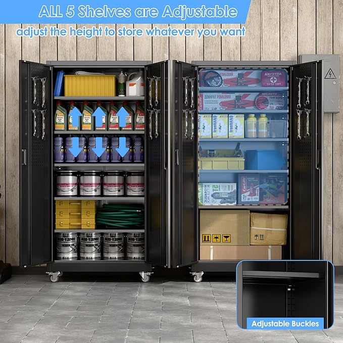Garage Storage Cabinet with Wheels & Pegboard, 71" H×34" W×18" D Locking Metal Storage Cabinet with 2 Doors and 5 Adjustable Shelves for Garage Workshop Home, Black, Assembly Required
