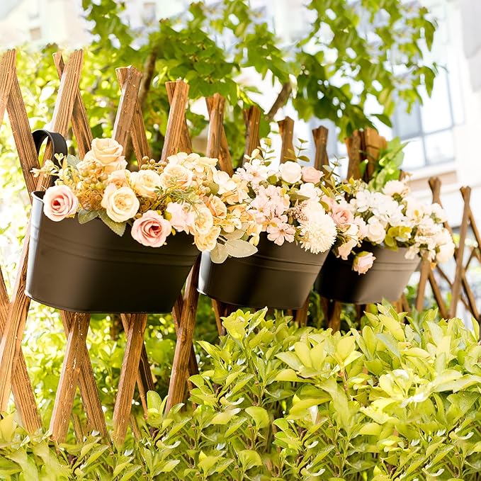 5 Pack Metal Hanging Flower Pots for Railing Fence，Outdoor Balcony Rail Planter with Garden Tools Detachable Hooks Drainage Holes for Deck Garden Home Decor Black