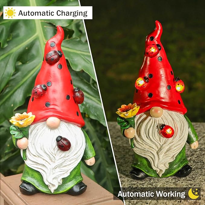 Garden Gnome Statue, Resin Sunflower Ladybug Gnome Figurine with Solar Lights for Porch Patio Yard Outdoor Decor