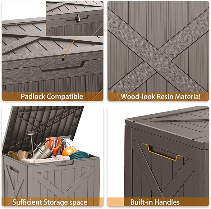 32 Gallon Outdoor Deck Box,Storage Lockable Waterproof Patio Furniture,Garden Tools,Cushions,Pool Accessories Outside Storage Resin Box(Light Brown)