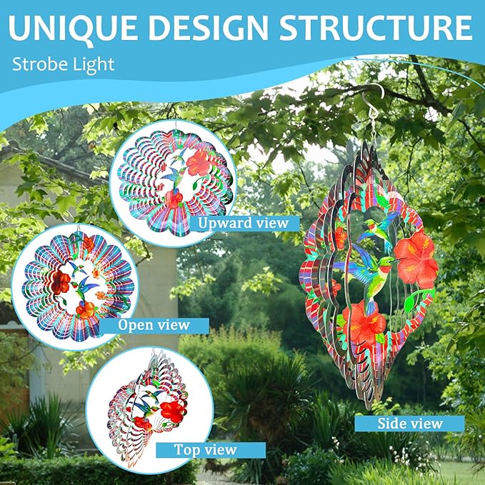 Hummingbird Wind Spinner,Hummingbird Gift for Women/Mother/Father,12In Stainless Steel 3D Wind Spinner Hanging Kinetic Yard Garden Christmas Ornaments,Outdoor & Indoor Wind Sculptures