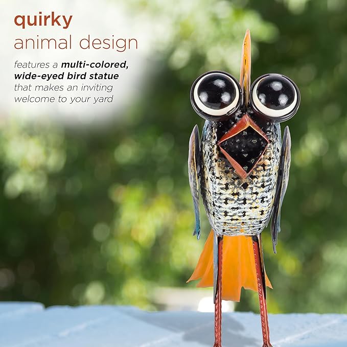 Alpine Corporation 11" Tall Outdoor Metal Wide-Eyed Bird Standing Yard Statue Decoration, Multicolor